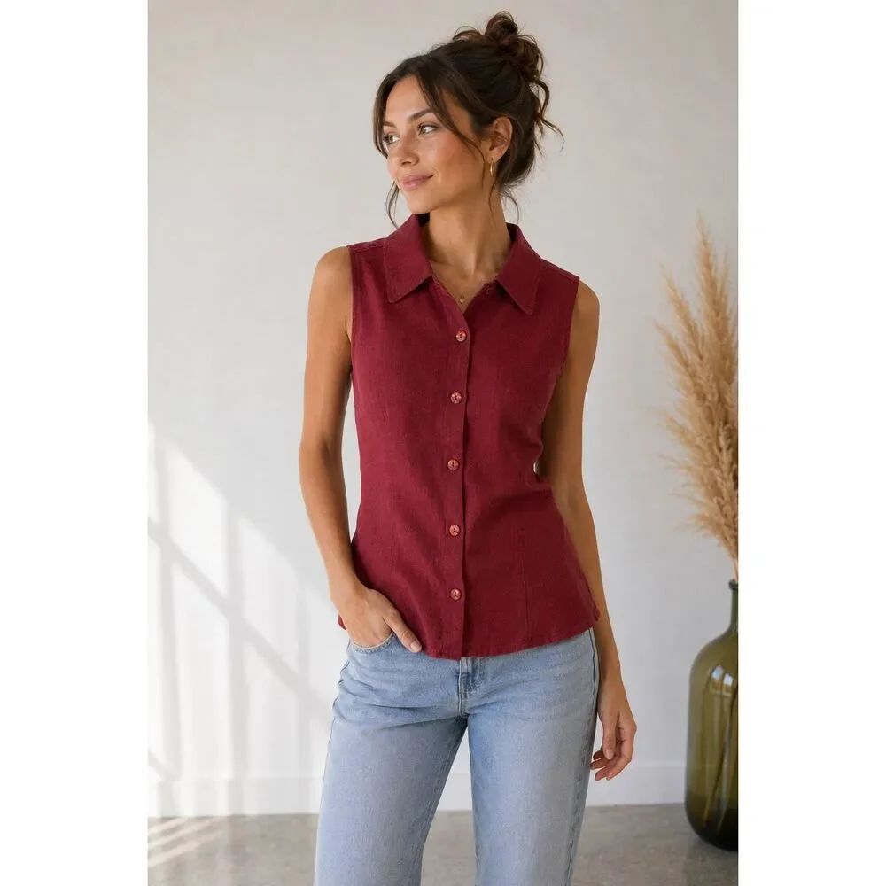 Vintage Sanofina Paris Linen Sleeveless Button Up Top Women’s Sz S Burgundy Note